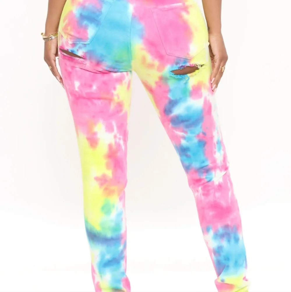 NWT Fashion Nova Pink Yellow Blue Tie Dye Denim High Rise Pants Jeans - Picture 7 of 16